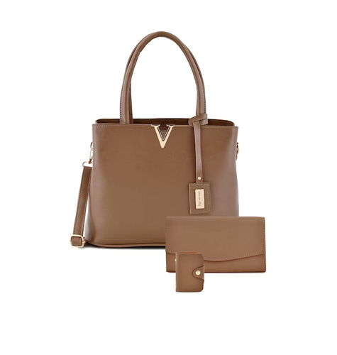 Brown Structured Shoulder Bag with Wallet & Pouch